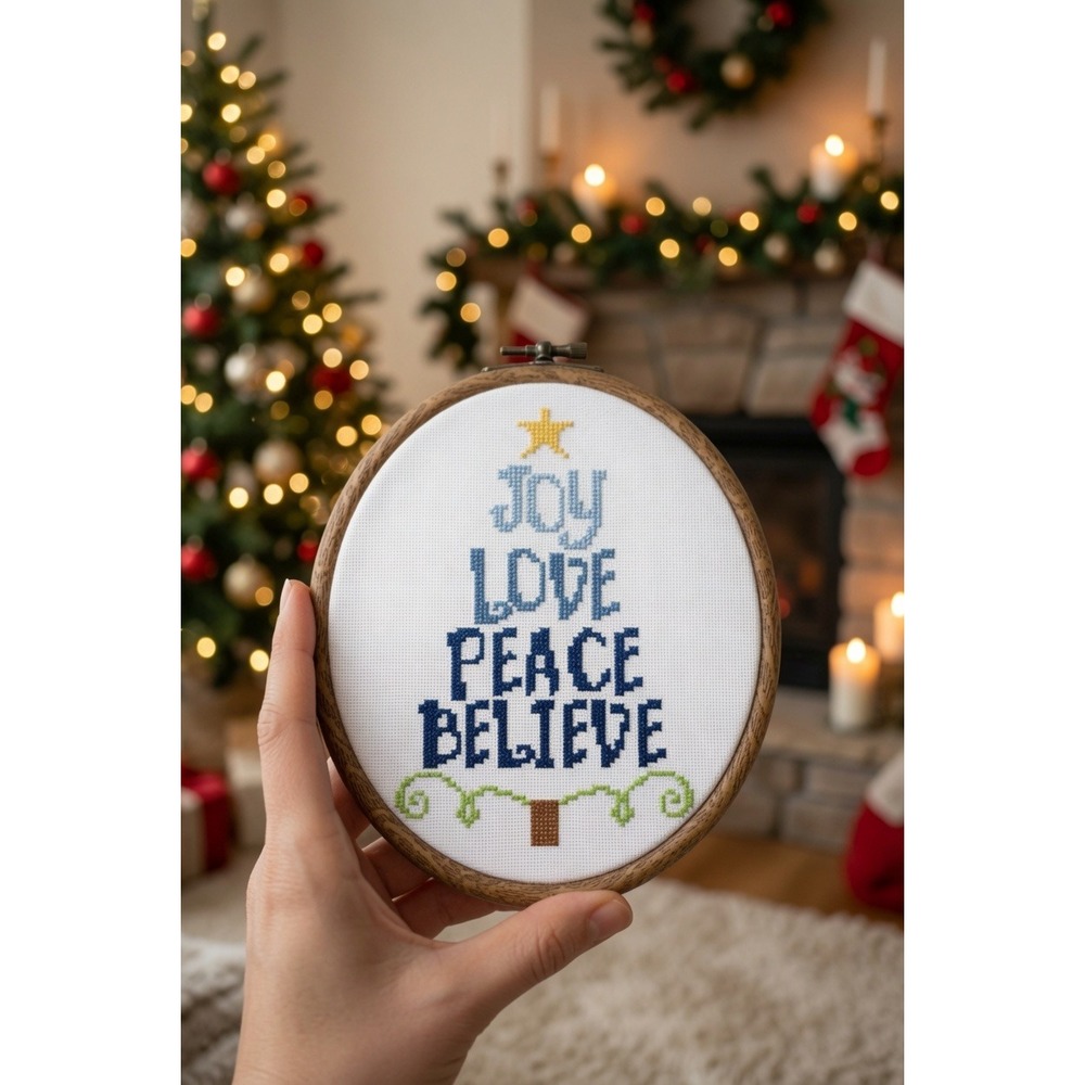 Holiday Merry Christmas Tree Peace Joy Love Counted Cross Stitch Pattern KIT - Picture 2 of 5